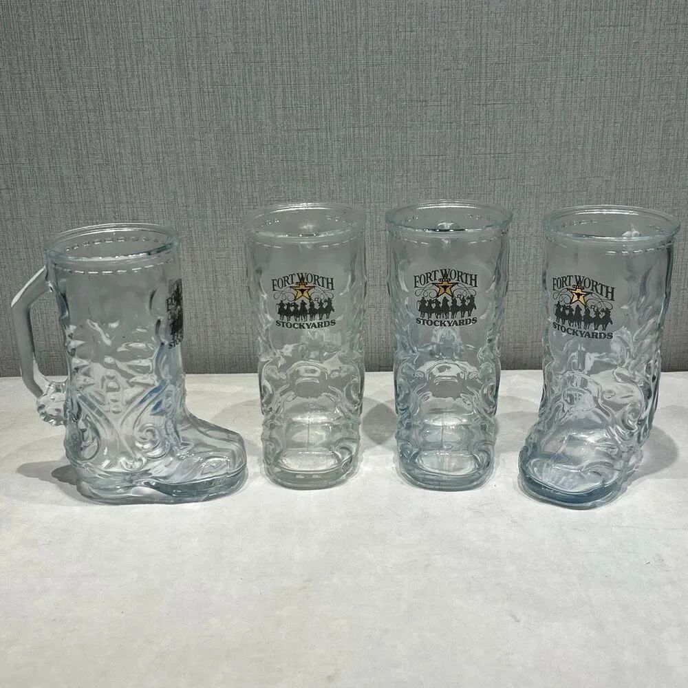 Ft Worth Stockyards Cowboy Boot Glasses Glassware Texas Set 4 Drinking 16 oz Wes
